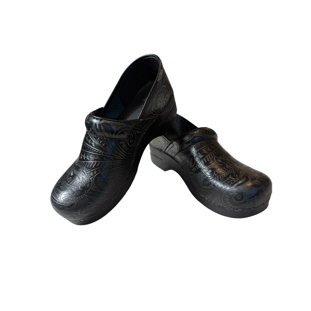 Dansko Professional Black Tooled Leather Clogs Womens 41 Embossed Floral Shoes